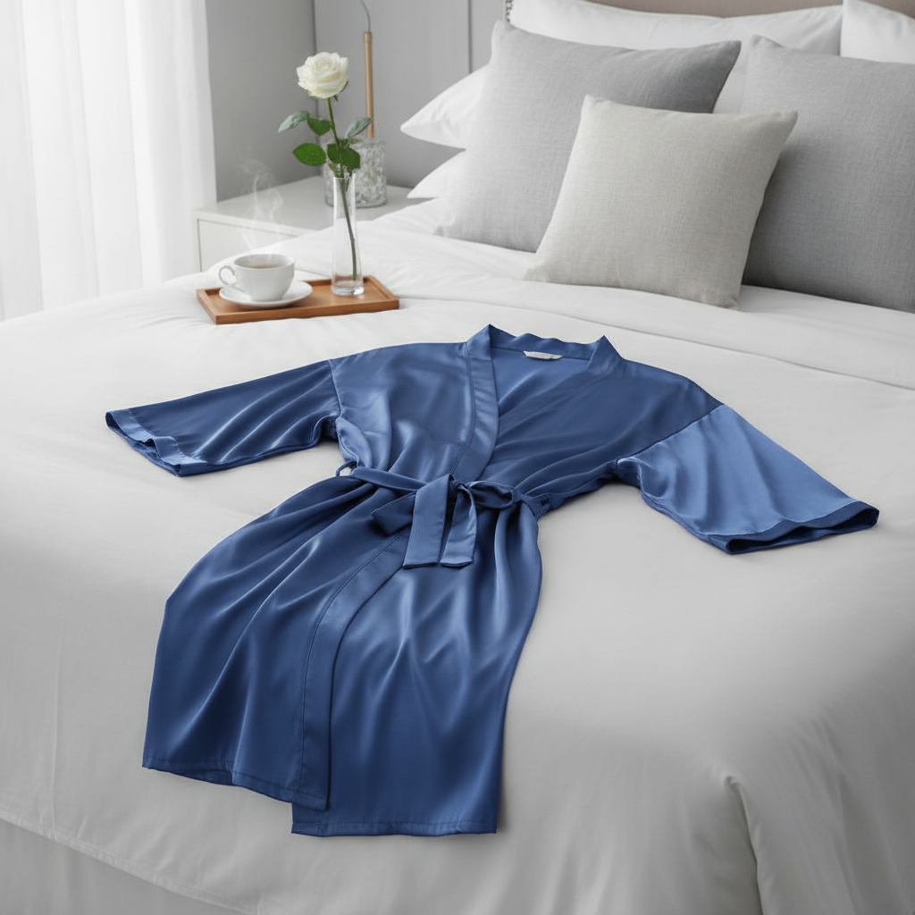 Peignoir kimono satin bleu
