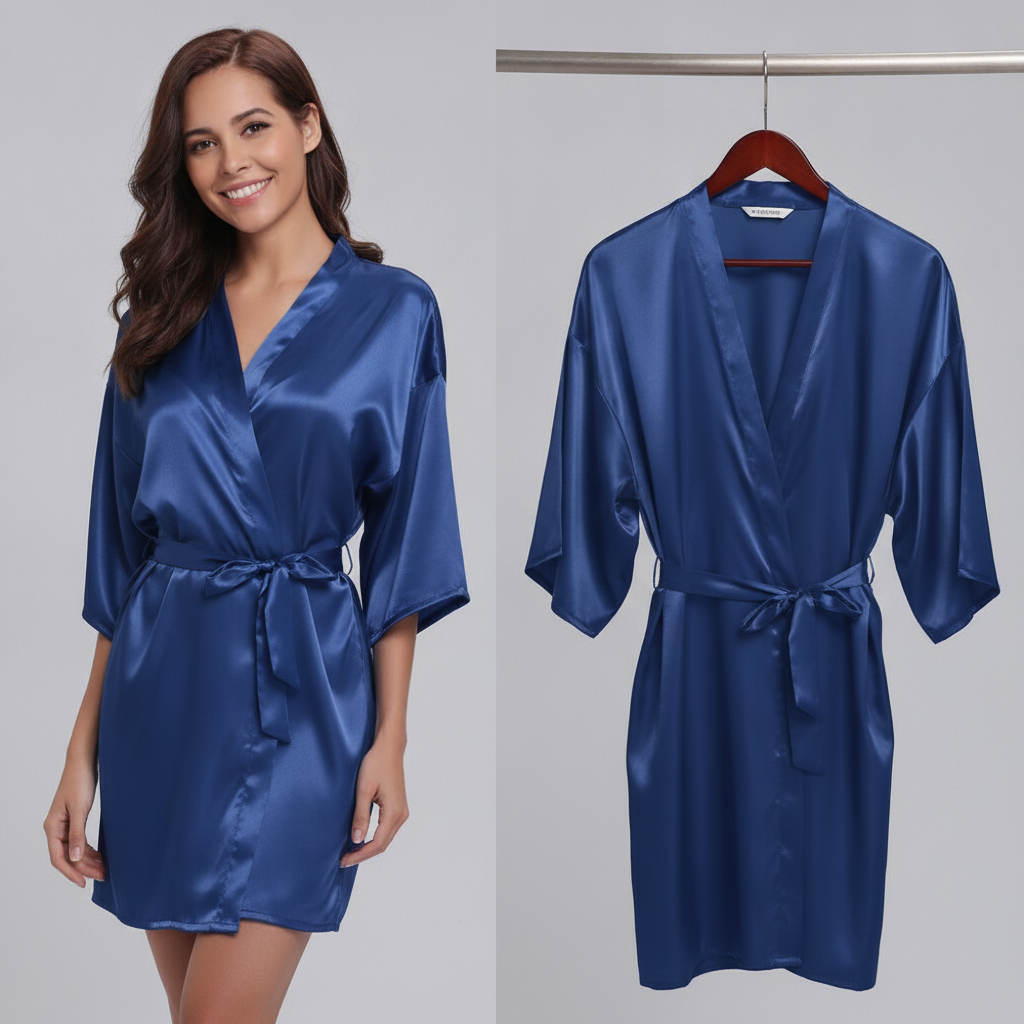 Peignoir kimono satin bleu