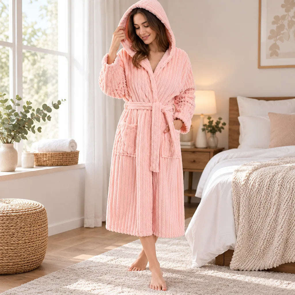 Peignoir molleton corail rayures